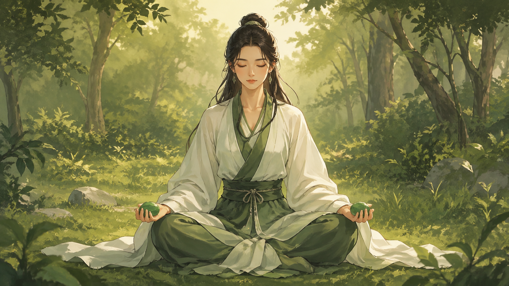 femme asiatique en méditation dans une clairière tenant un jade vert dans une lumière vert forêt douce, rituel de protection du nombre 444
