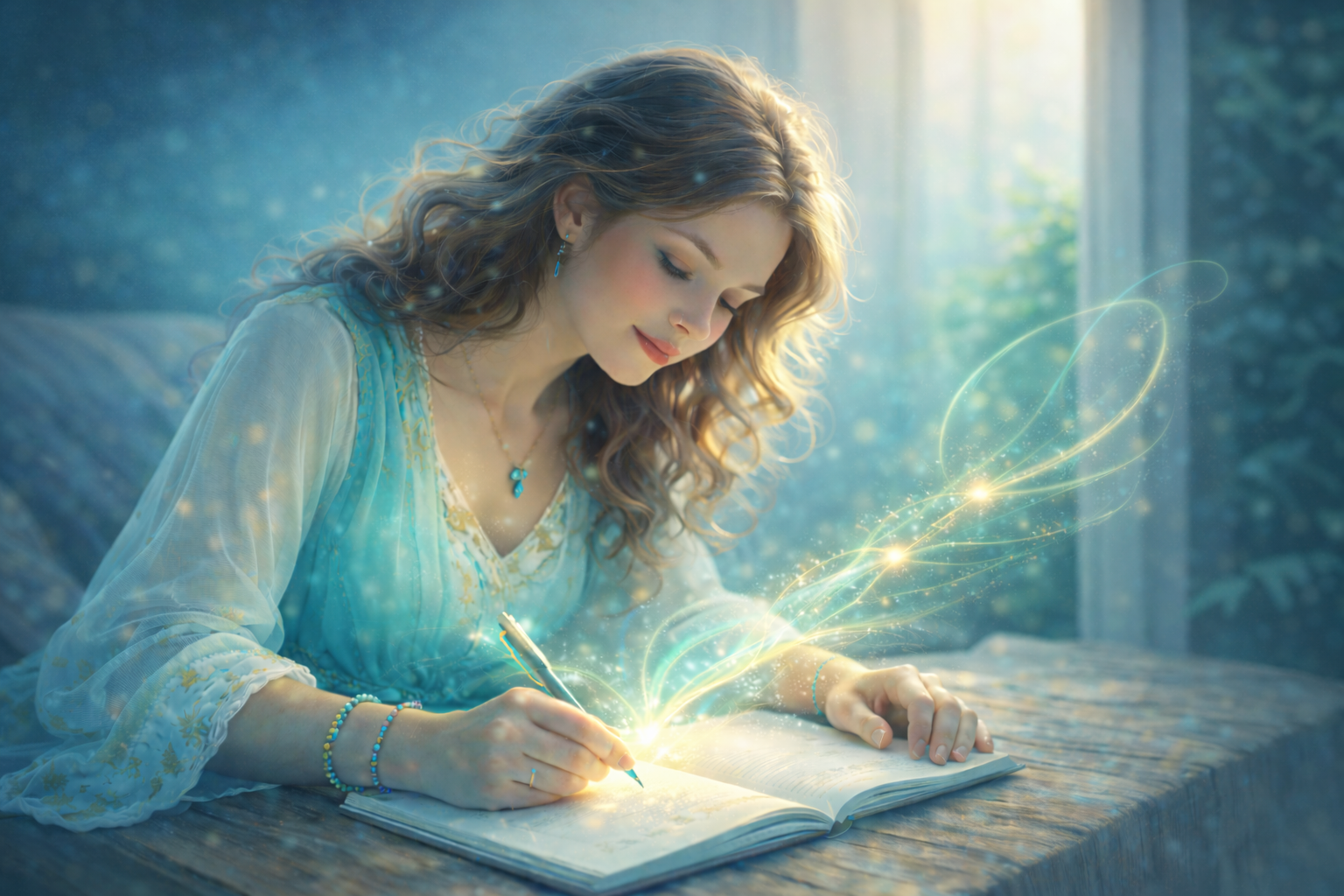 Personnage posant une intention dans un geste attentif et lumineux, rituel du changement du nombre 5 en numérologie