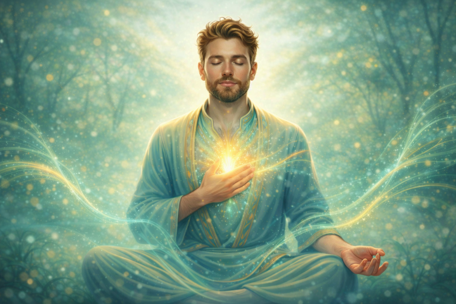 Personnage en inspiration profonde, souffle de lumière turquoise, rituel de respiration du nombre 5 en numérologie