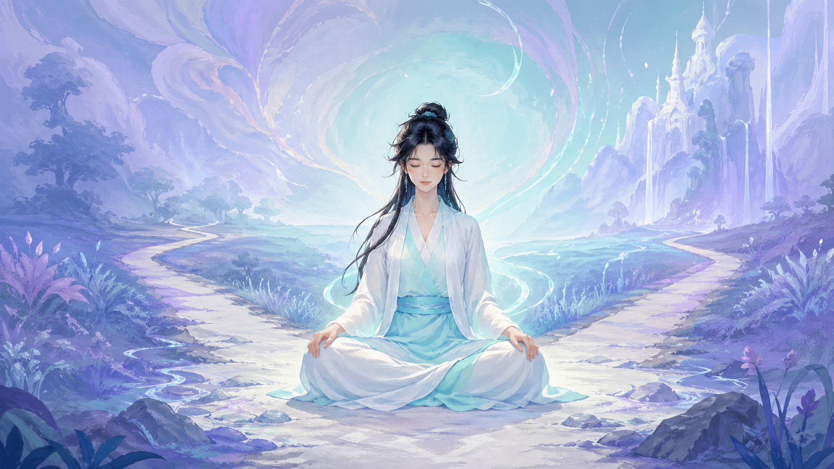 femme asiatique assise à un carrefour en méditation dans une lumière turquoise irisée, rituel de la méditation du carrefour du nombre 555