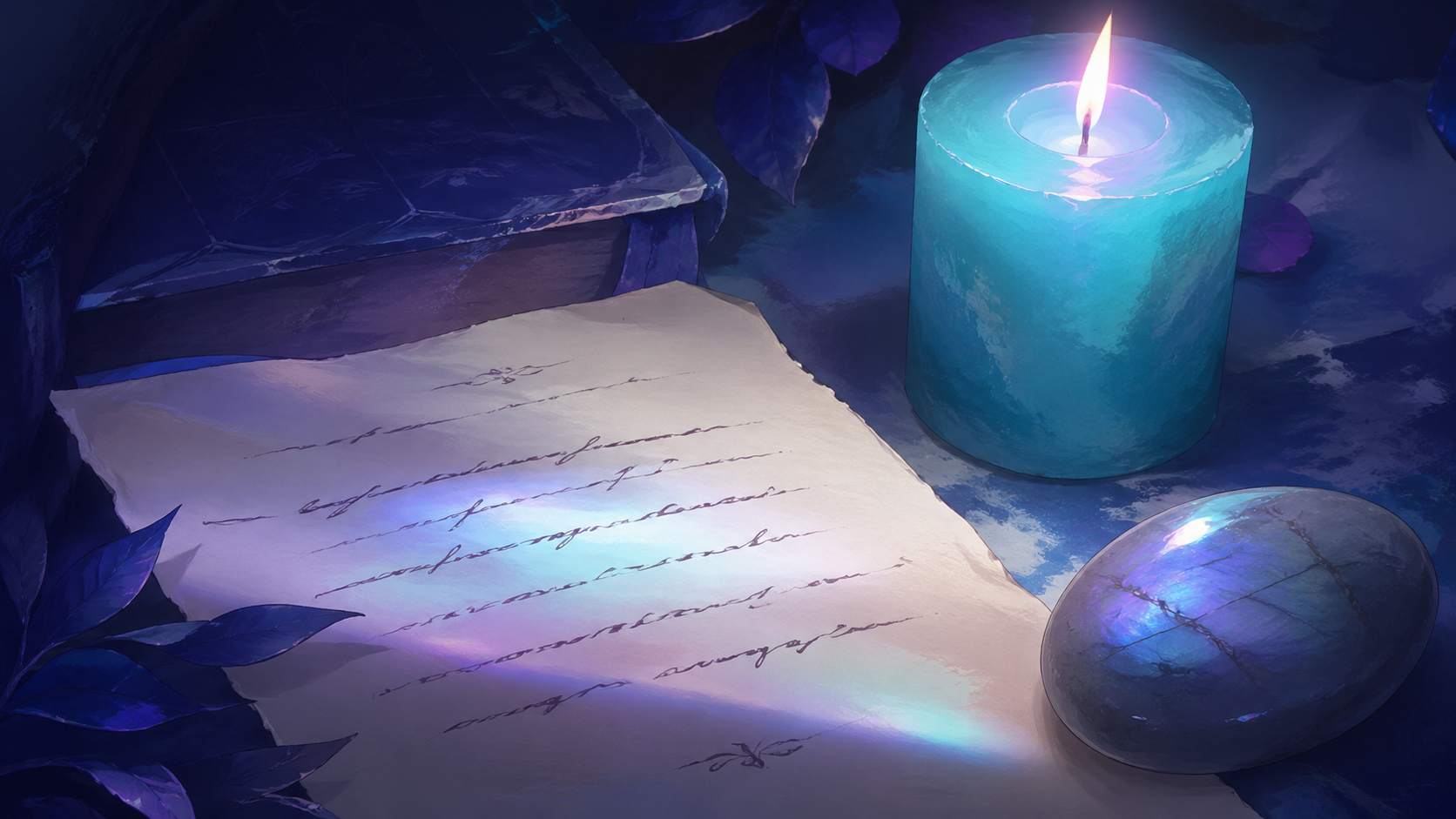 feuille de papier écrite posée près d'une bougie turquoise dans une lumière irisée, rituel du lâcher-prise du nombre 555