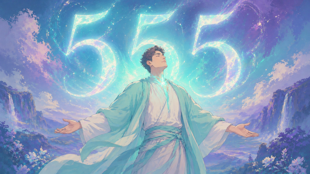 homme européen debout dans un paysage irisé avec le chiffre 555 turquoise lumineux, rituels du nombre 555 en numérologie