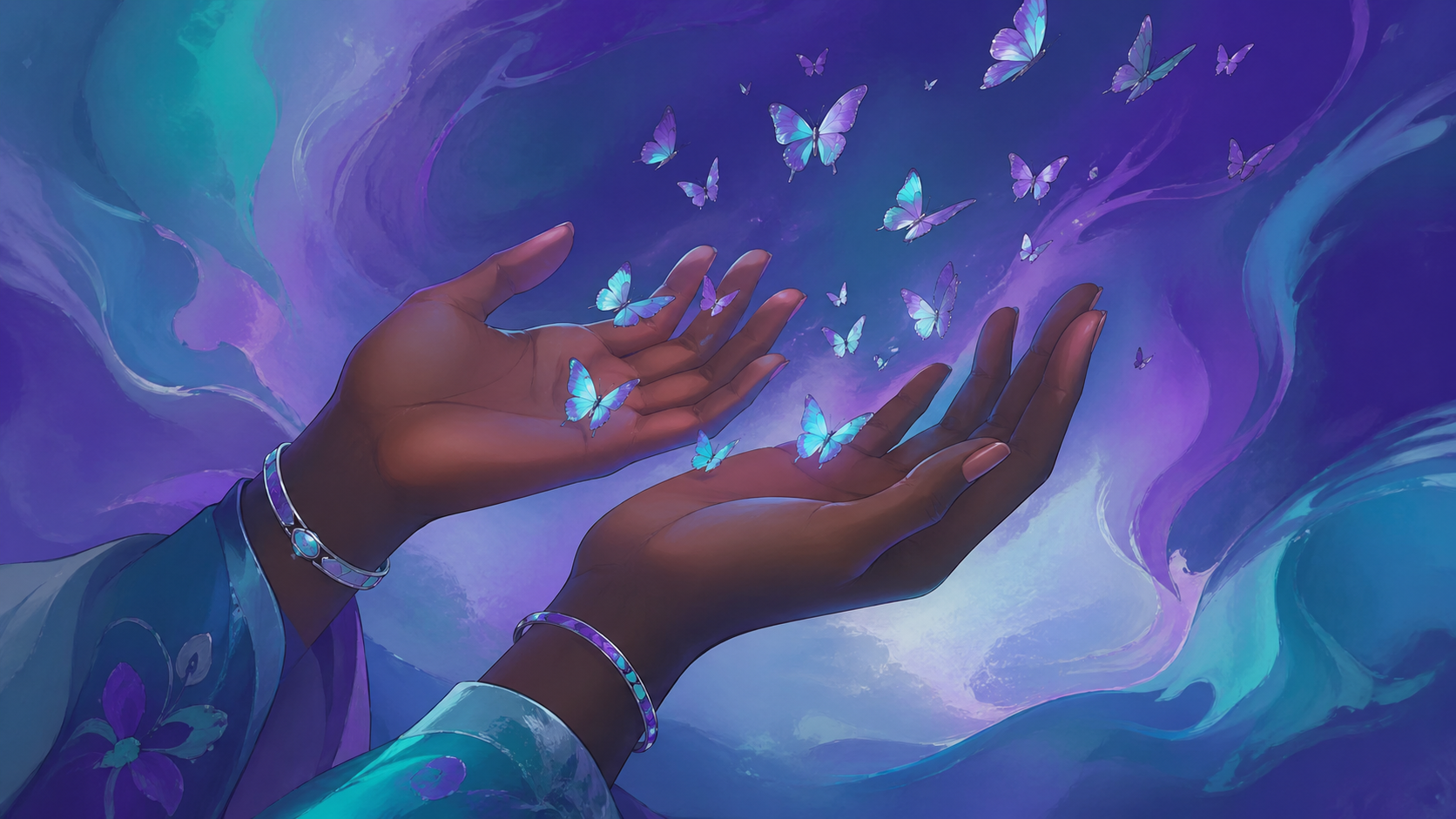 mains féminines africaines ouvertes libérant quelque chose dans une lumière turquoise irisée, rituel du souffle de libération du nombre 555