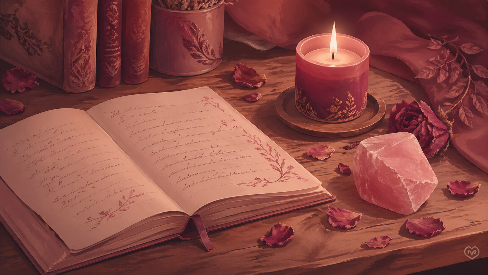 carnet ouvert avec un quartz rose et une bougie bordeaux allumée dans une lumière rose dorée, rituel de l'inventaire de l'essentiel du nombre 666