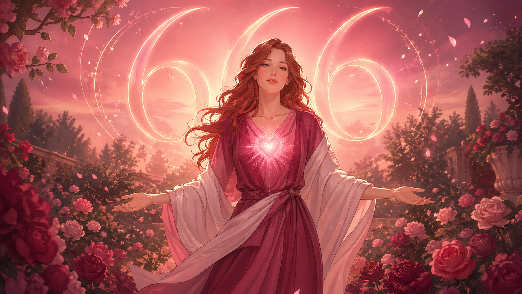 femme nordique auburn debout dans un jardin fleuri avec le chiffre 666 en rose profond, rituels du nombre 666 en numérologie