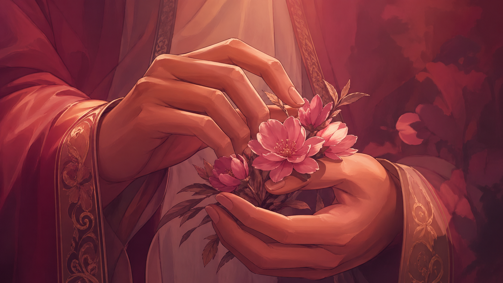 mains masculines moyen-orientales tenant délicatement des fleurs roses dans une lumière rose dorée, rituel du geste de soin du nombre 666