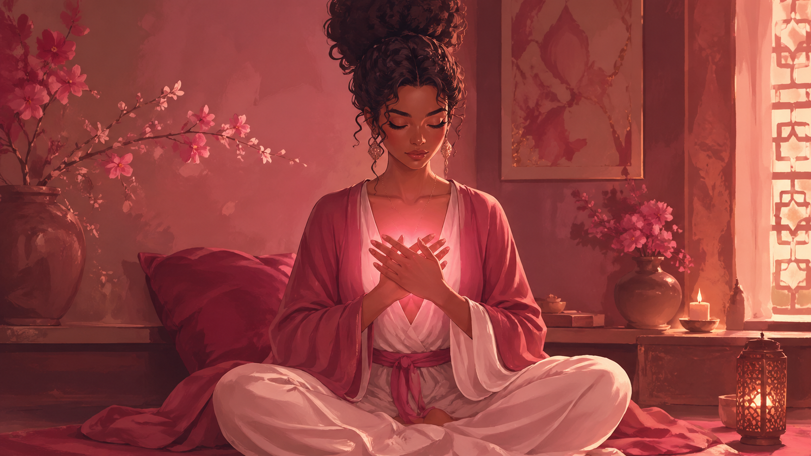femme africaine en méditation mains sur le cœur dans un espace intérieur chaleureux, rituel de la méditation du cœur responsable du nombre 666