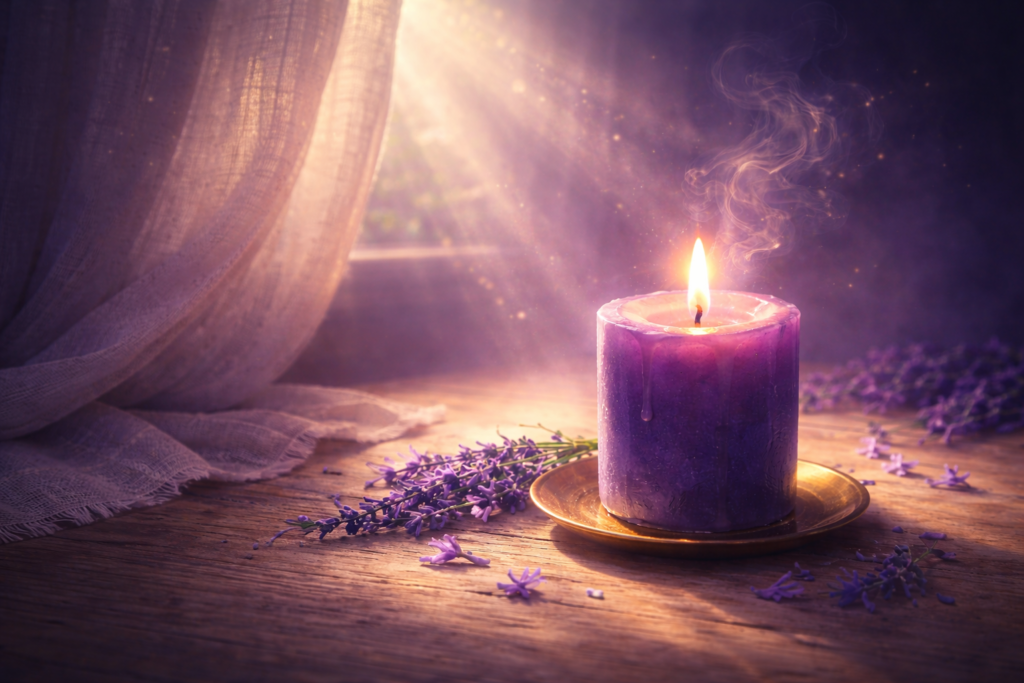 bougie violette allumée sur une surface en bois dans une pièce calme, rituel du silence habité du nombre 7 en numérologie