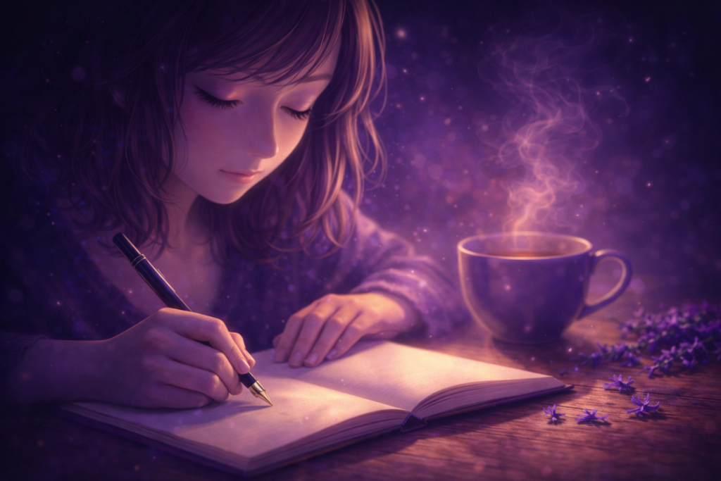 personnage féminin écrivant dans un carnet à la lumière naturelle avec une tisane fumante, rituel d'écriture intérieure du nombre 7 en numérologie