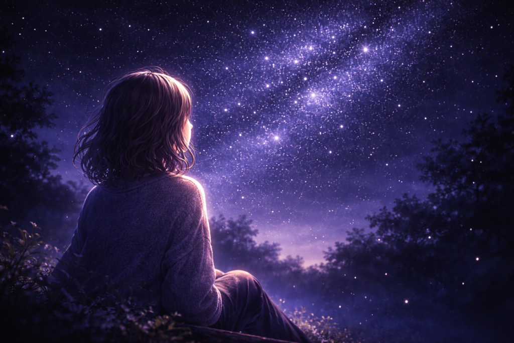 personnage contemplant un ciel étoilé profond dans le silence de la nuit, rituel de contemplation du nombre 7 en numérologie