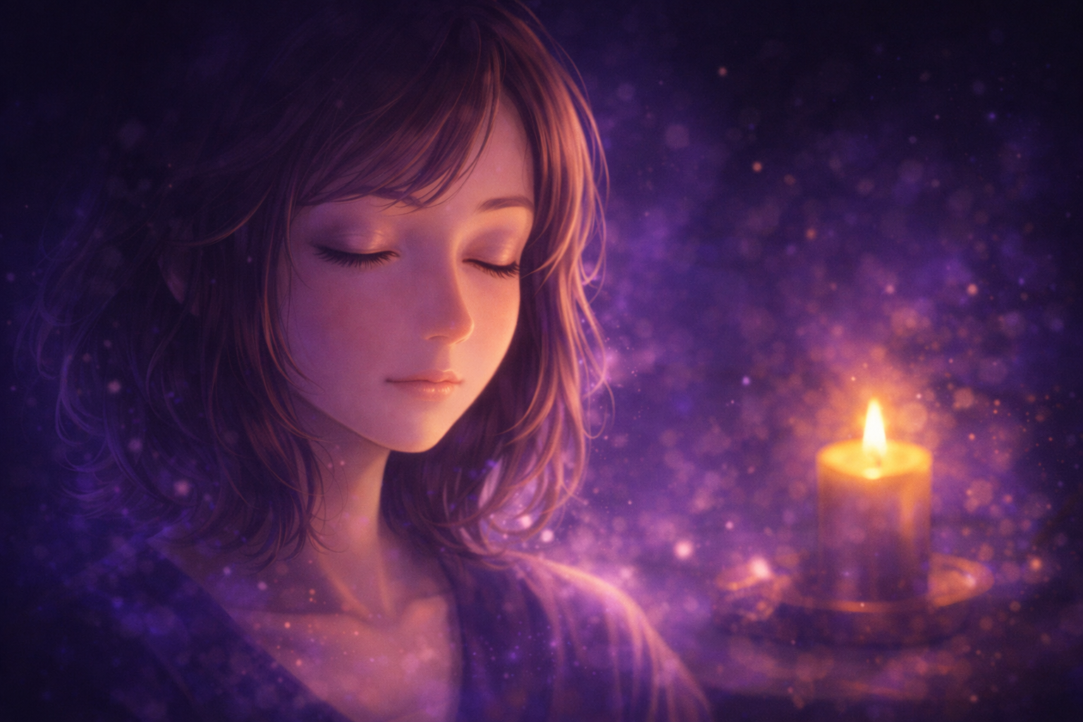 personnage féminin éclairé par une bougie violette dans un espace recueilli, à la une de la page rituels du nombre 7 en numérologie