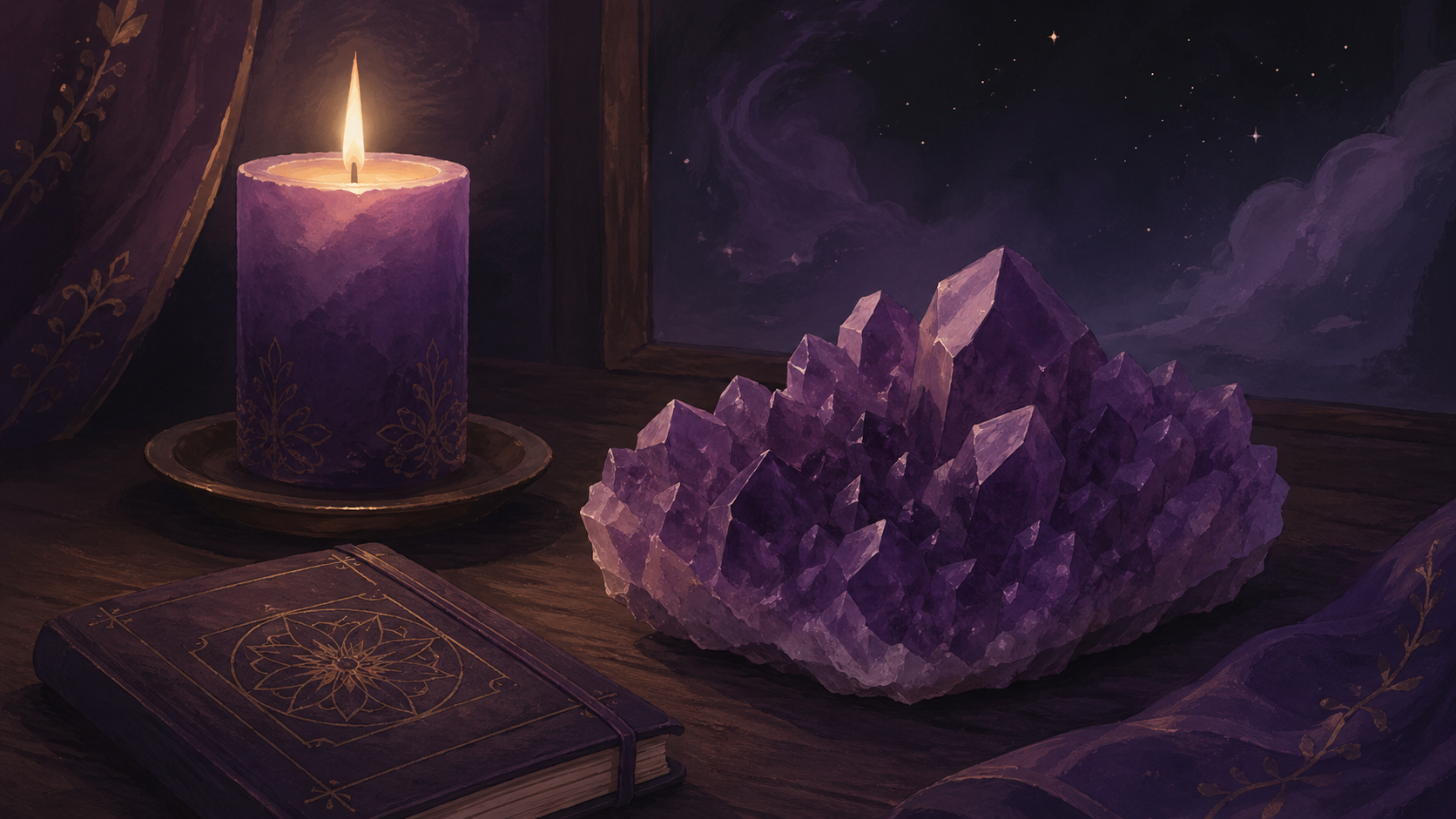 améthyste mate posée près d'une bougie violette allumée sur une surface sombre étoilée, rituel de la contemplation silencieuse du nombre 777