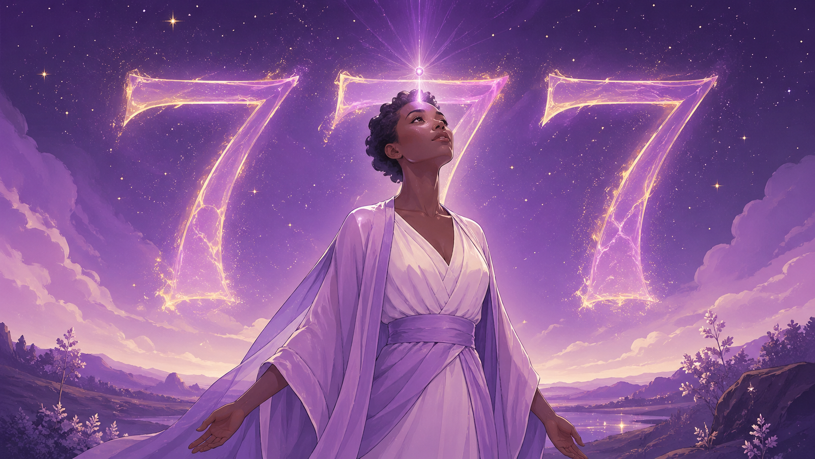 femme africaine debout sous un ciel étoilé violet avec le chiffre 777 lumineux, rituels du nombre 777 en numérologie