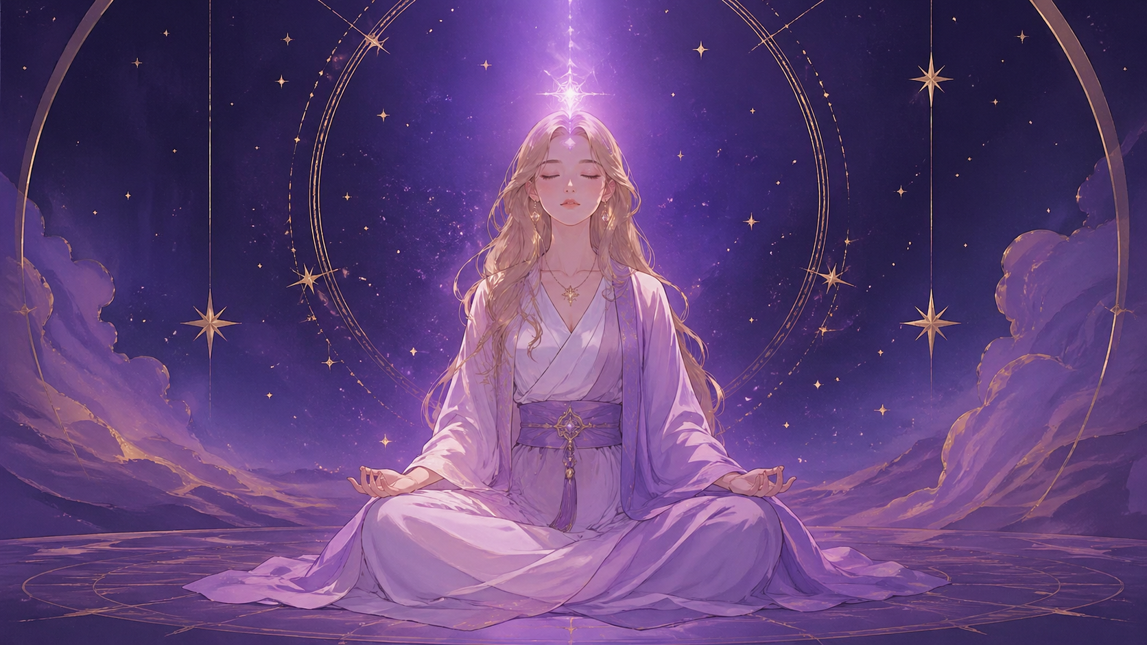 femme européenne en méditation avec une lumière violet améthyste à la couronne dans un espace étoilé, rituel de la méditation de la couronne du nombre 777