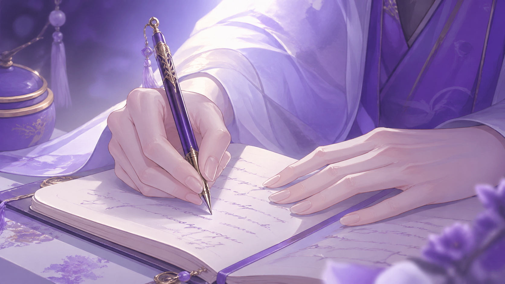 mains asiatiques tenant un stylo au-dessus d'un carnet ouvert dans une lumière violet améthyste, rituel de l'écriture intuitive du nombre 777