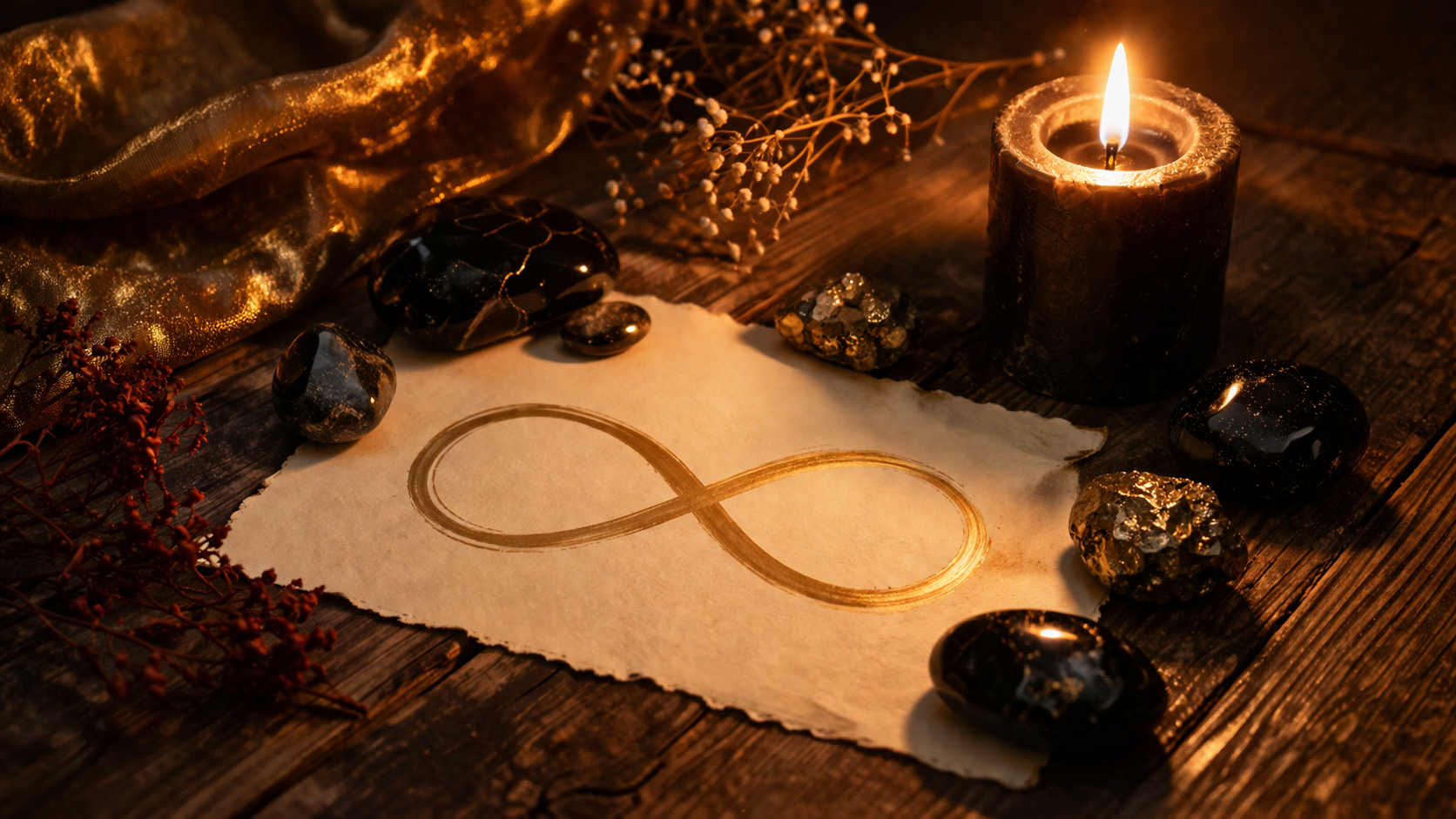 espace rituel avec symbole de l'infini, pierres et bougie, image d'ouverture des rituels du nombre 8 en numérologie