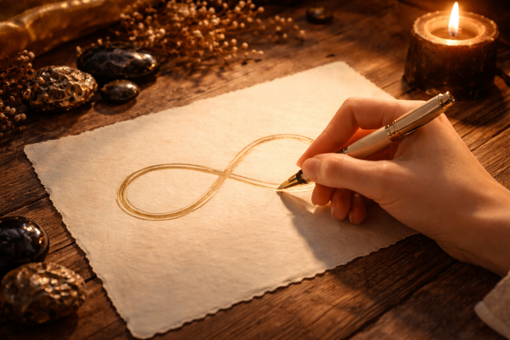 main traçant le symbole de l'infini sur papier, rituel du nombre 8 en numérologie, geste du cycle et de la fluidité