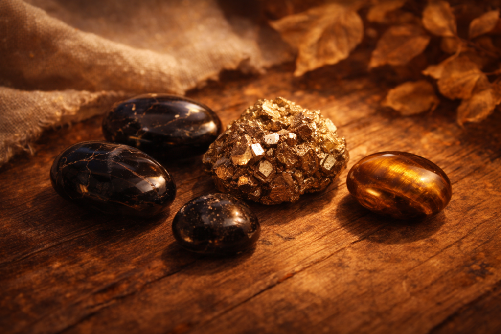 pierres d'obsidienne et de pyrite sur bois naturel, rituel d'ancrage de la valeur intérieure lié au nombre 8 en numérologie