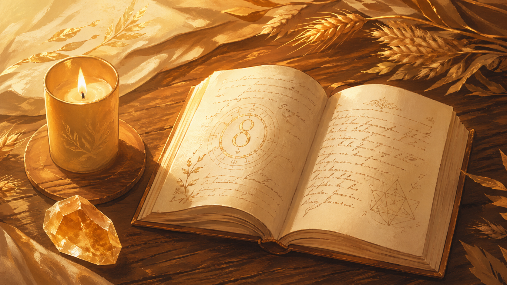carnet ouvert avec une citrine dorée mate et une bougie or allumée sur bois chaud, rituel du journal de gratitude du nombre 888