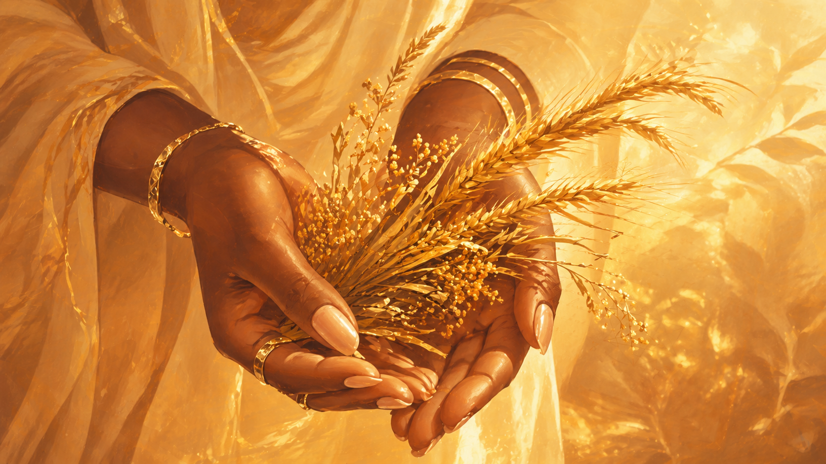 mains africaines offrant des épis de blé dorés dans une lumière or brillant, rituel du geste d'abondance du nombre 888