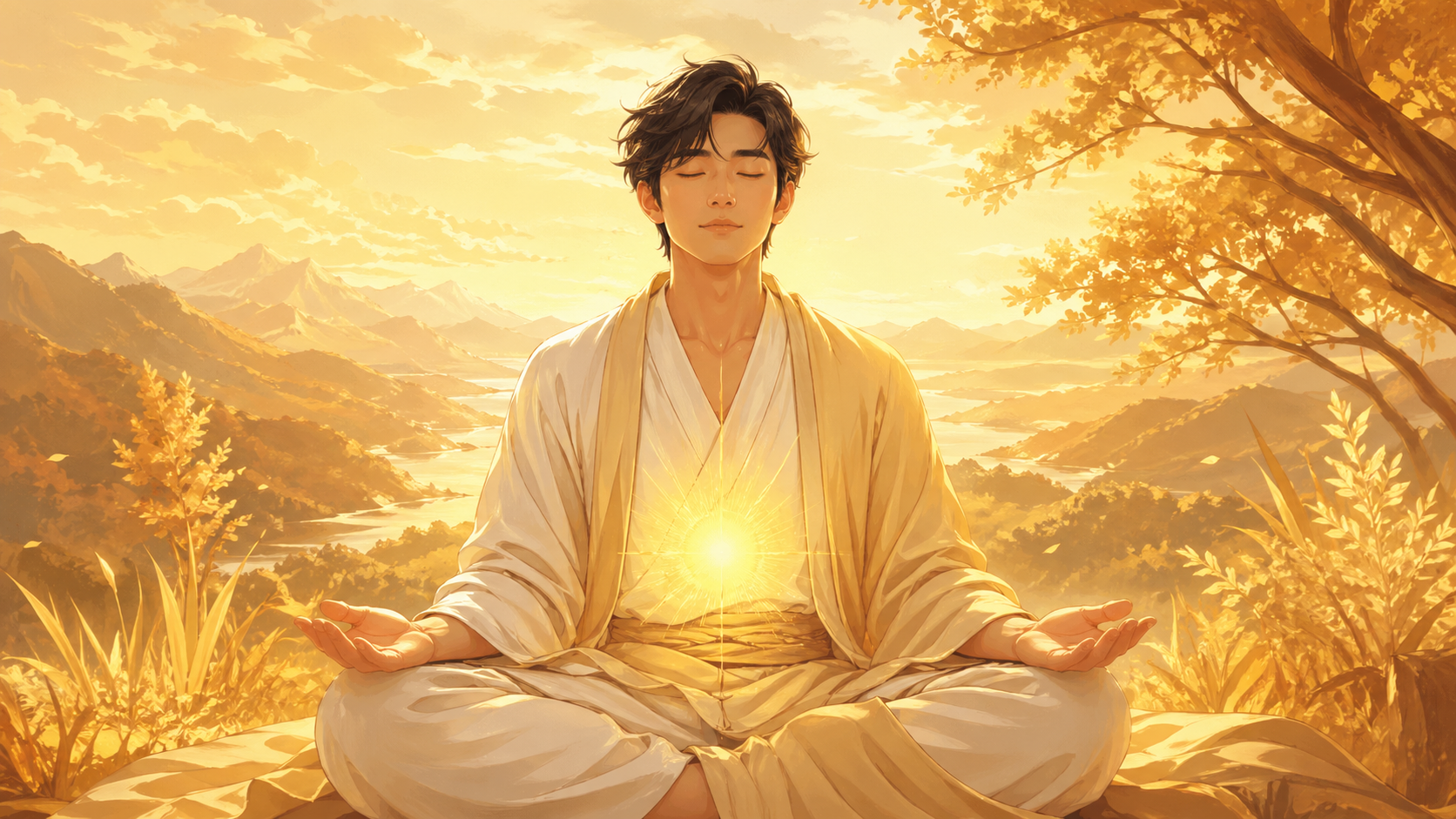 homme asiatique en méditation dans un paysage doré avec une lumière or au plexus solaire, rituel de la méditation de la plénitude du nombre 888