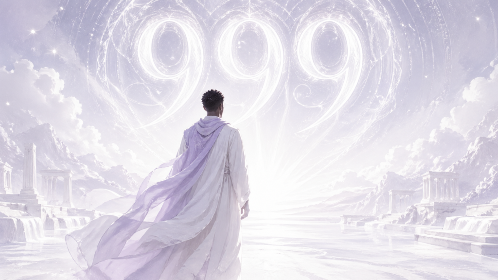 homme africain debout devant un horizon blanc lumineux avec le chiffre 999 argenté, rituels du nombre 999 en numérologie