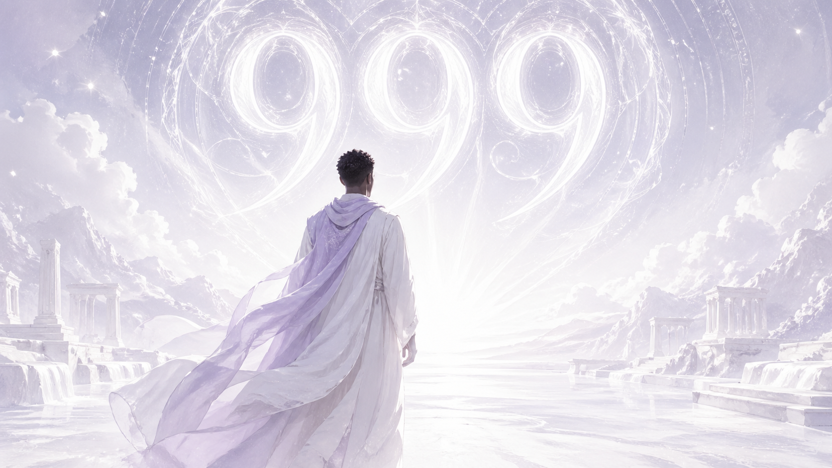 homme africain debout devant un horizon blanc lumineux avec le chiffre 999 argenté, rituels du nombre 999 en numérologie