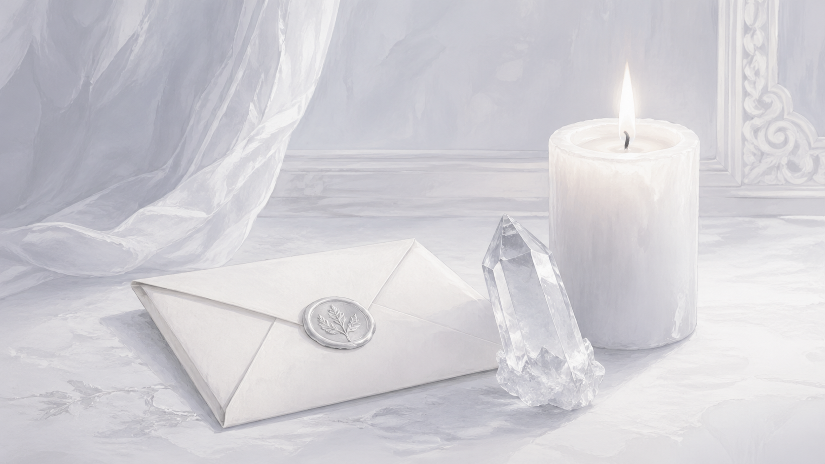 lettre pliée avec un cristal de roche et une bougie blanche allumée dans une lumière argentée, rituel de la lettre de clôture du nombre 999