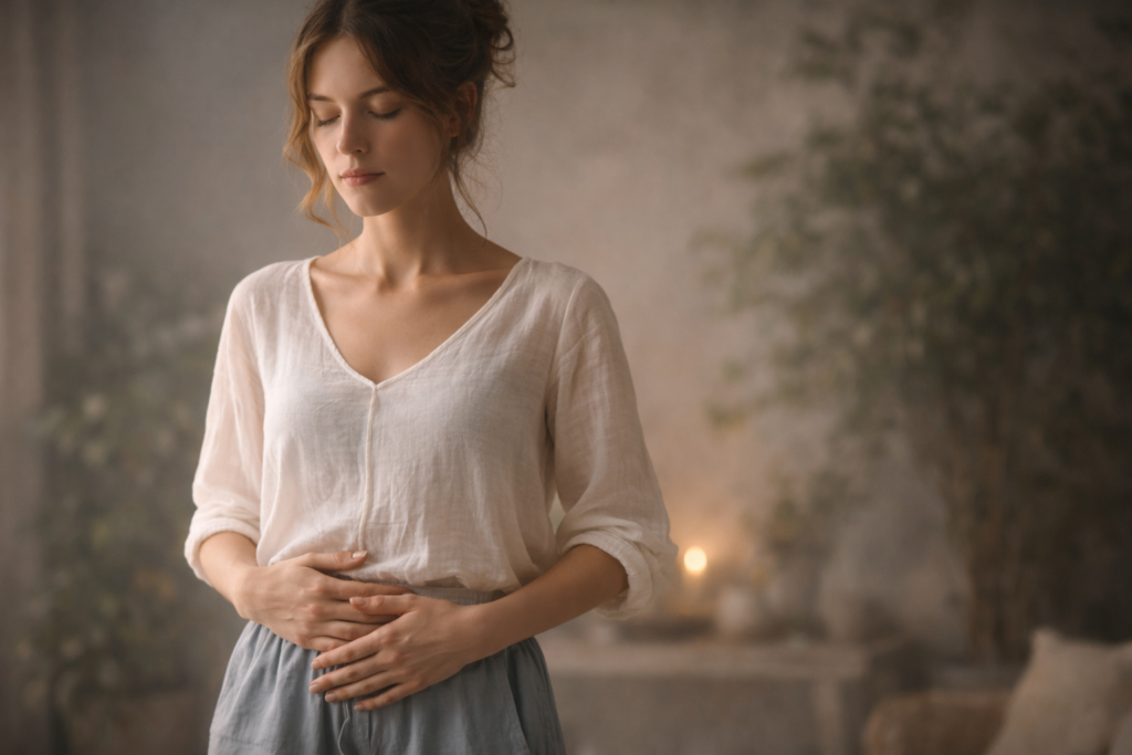 Femme immobile, mains posées sur le ventre, épaules légèrement tendues, respiration calme, lumière naturelle douce, décor flou, atmosphère introspective