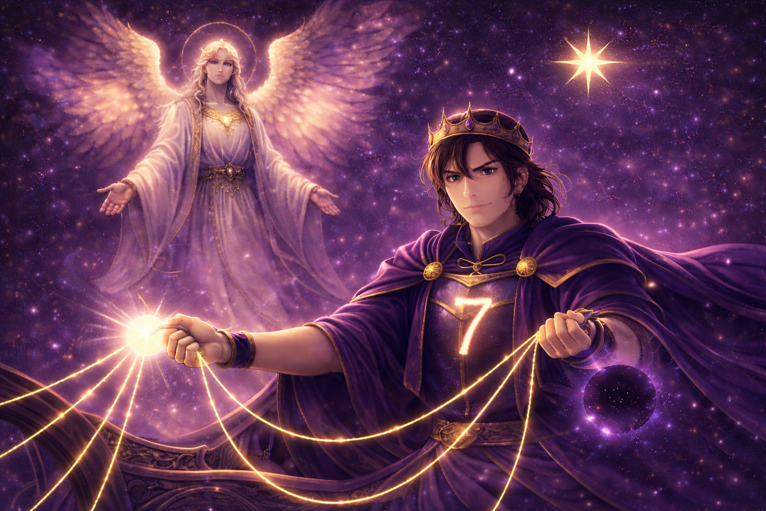 personnage du Chariot tenant deux forces en équilibre, présence angélique de Raziel en fond indigo, symbolique sacrée du nombre 7 en numérologie