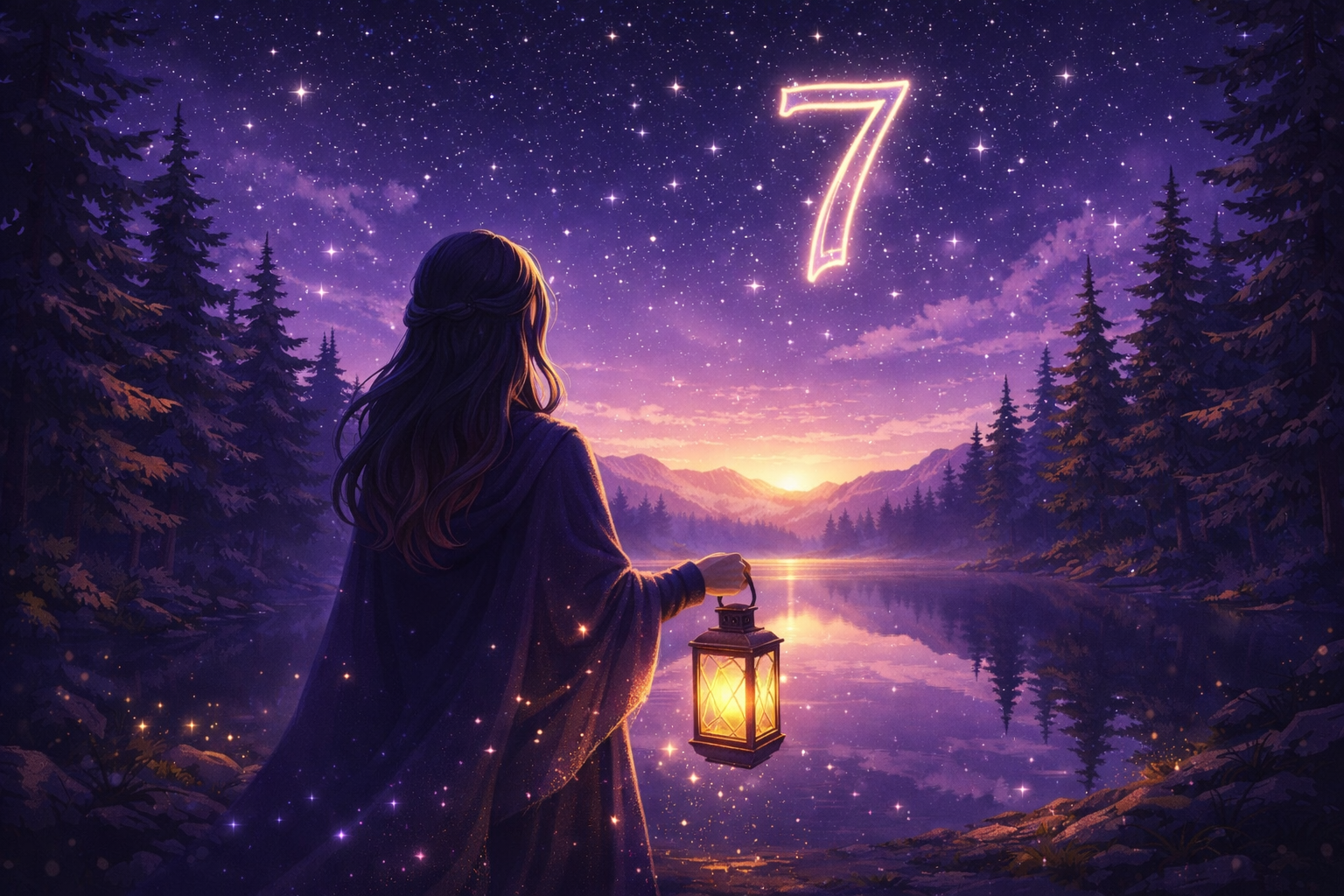 personnage portant une lanterne dans une clairière étoilée, illustration de la signification du nombre 7 en numérologie