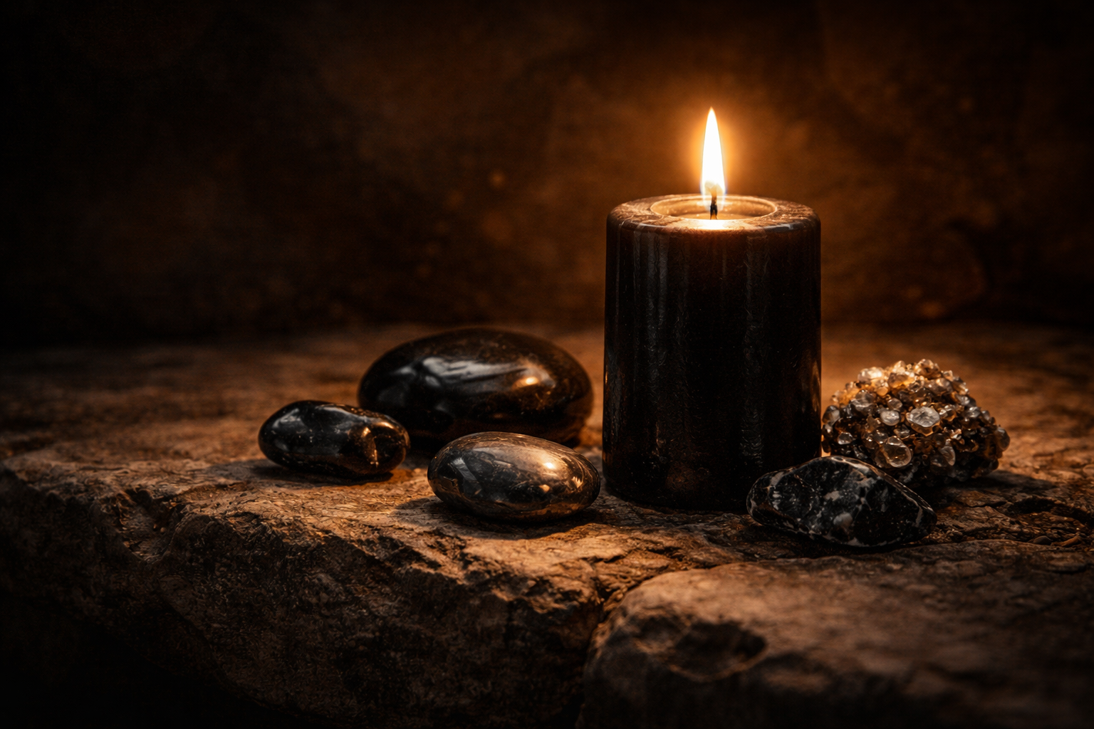 bougie noire et pierres sombres dans la lumière intime, méditation guidée liée à la signification du nombre 8 en numérologie