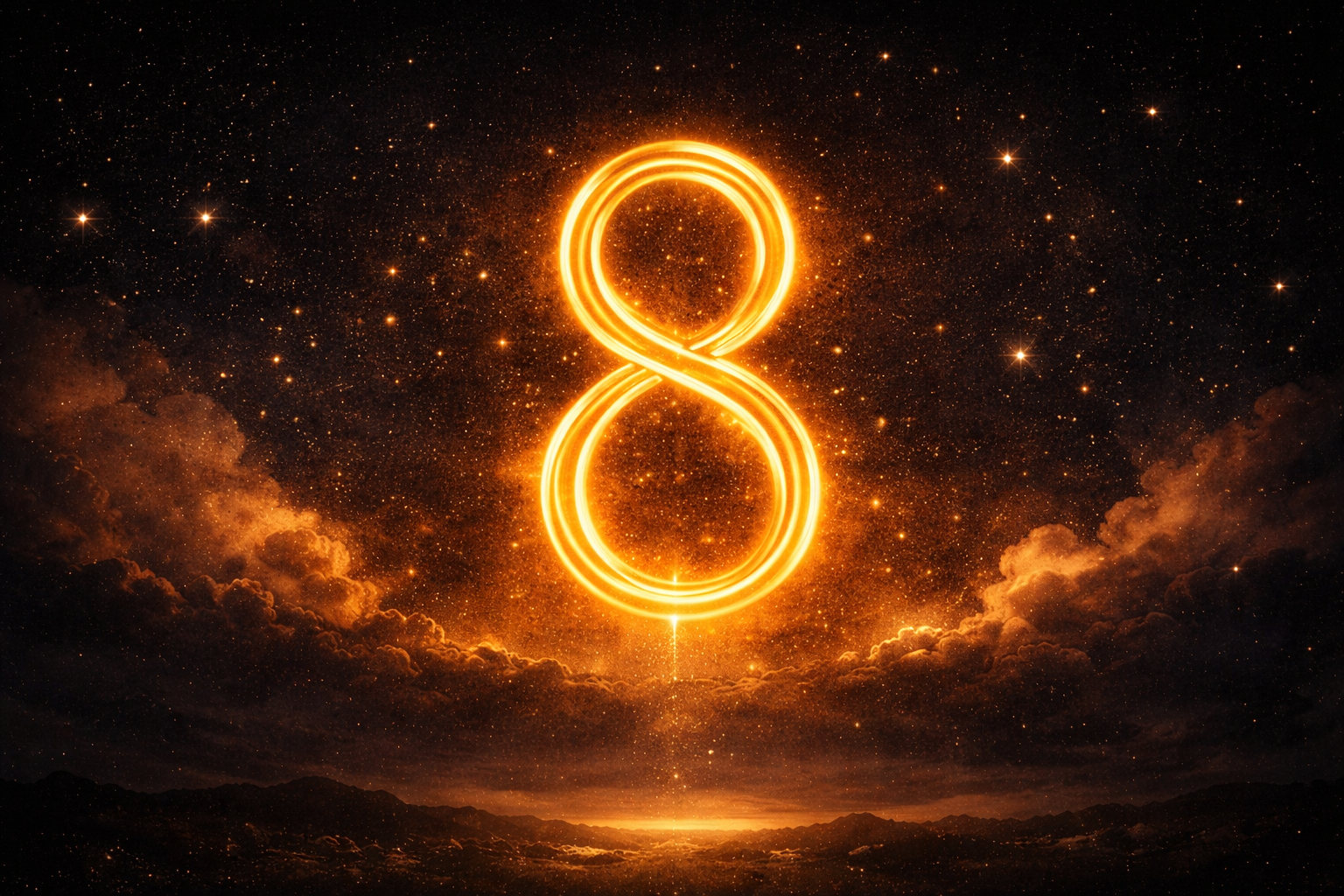 chiffre 8 lumineux suspendu dans un ciel nocturne doré, image d'ouverture de la signification du nombre 8 en numérologie