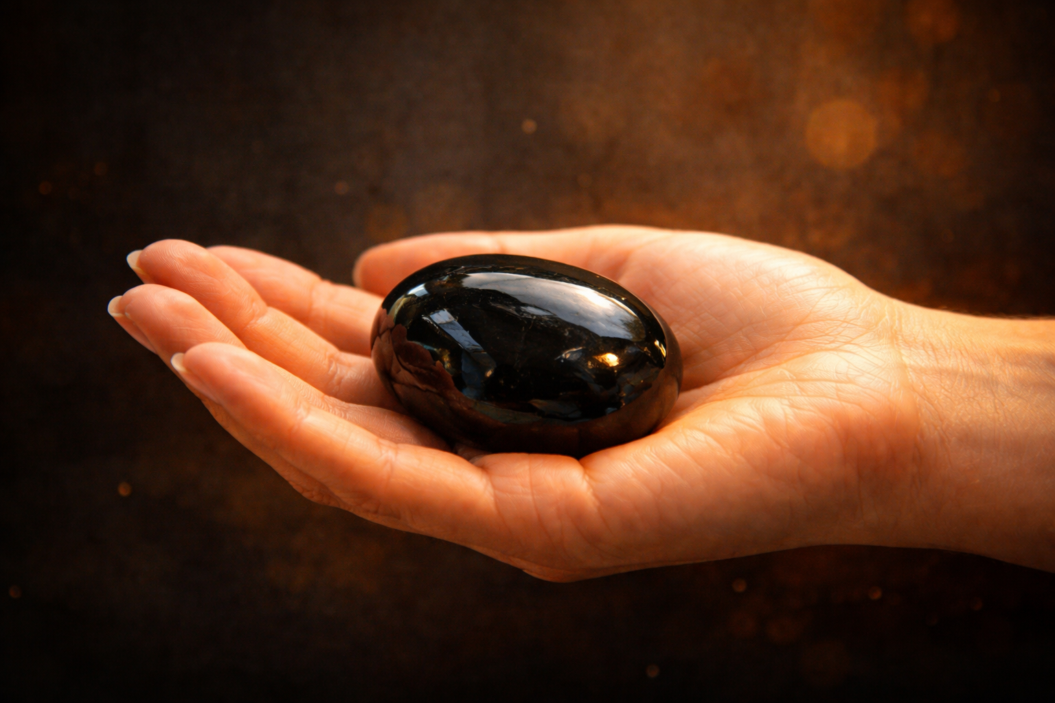 main tenant une obsidienne noire dans la lumière dorée, symbole du message vibratoire du nombre 8 en numérologie