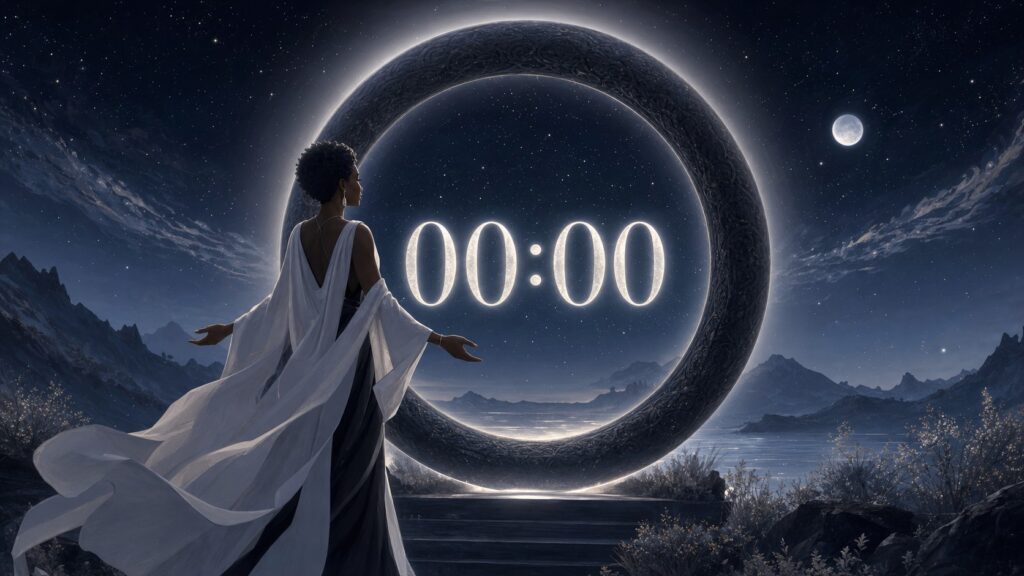 femme africaine debout devant un cadran en pierre noire avec 00:00 en argent lumineux, signification de l'heure 00:00 en numérologie