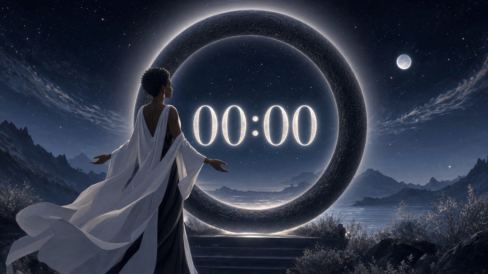 femme africaine debout devant un cadran en pierre noire avec 00:00 en argent lumineux, signification de l'heure 00:00 en numérologie