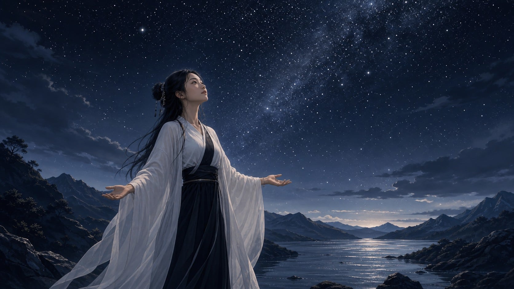femme asiatique debout sous un ciel étoilé de minuit le regard vers les étoiles, vibration de l'heure 00:00