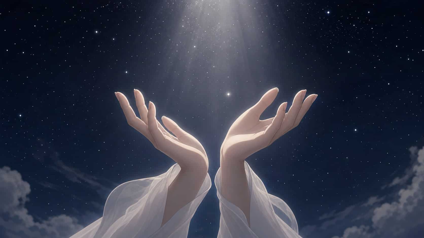 mains féminines européennes ouvertes vers le ciel nocturne dans un geste de lâcher-prise, message de l'heure 00:00