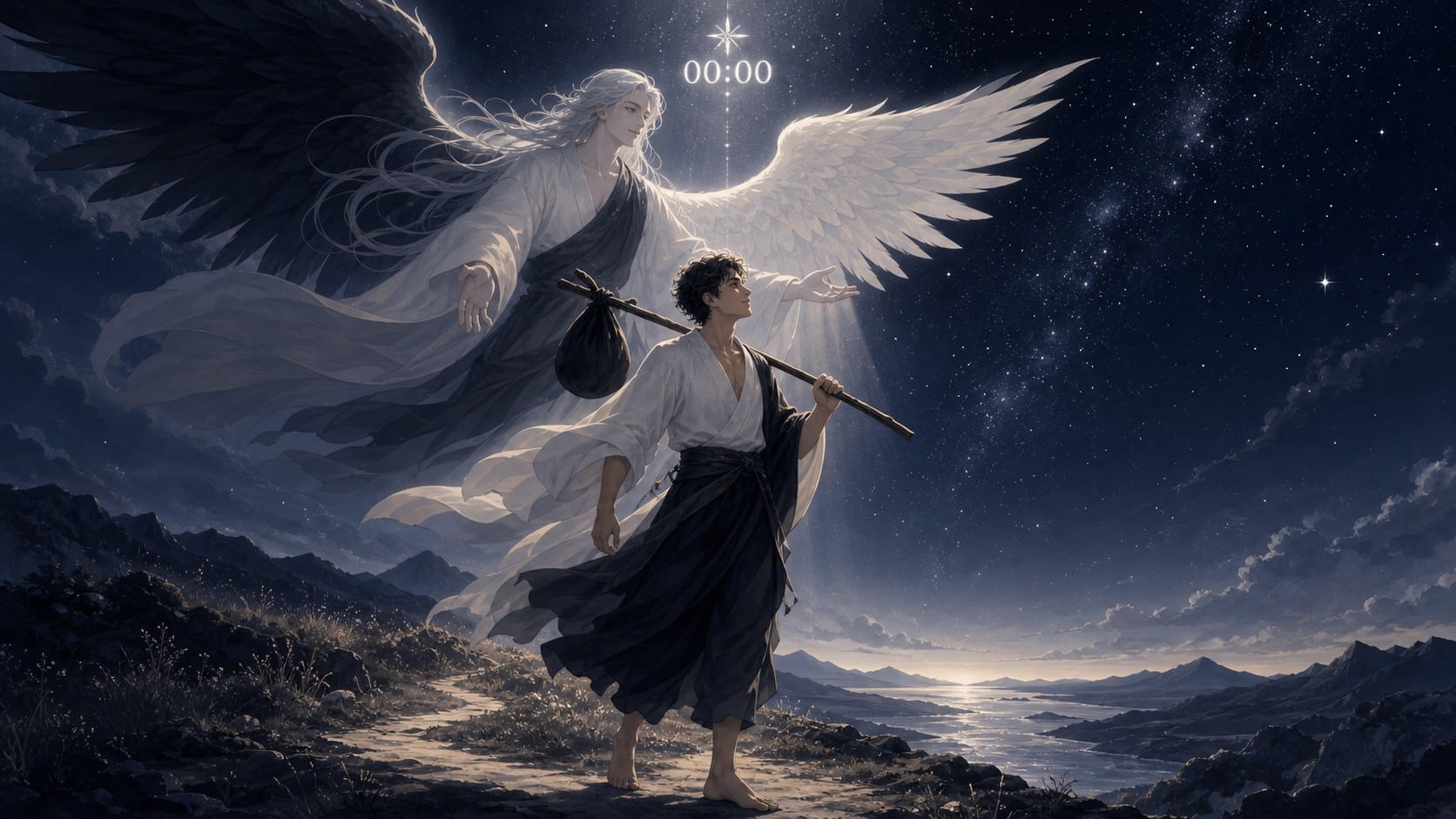 homme incarnant Le Mat du tarot avec l'ange Mumiah et le chiffre 00:00, symbolique sacrée de l'heure 00:00