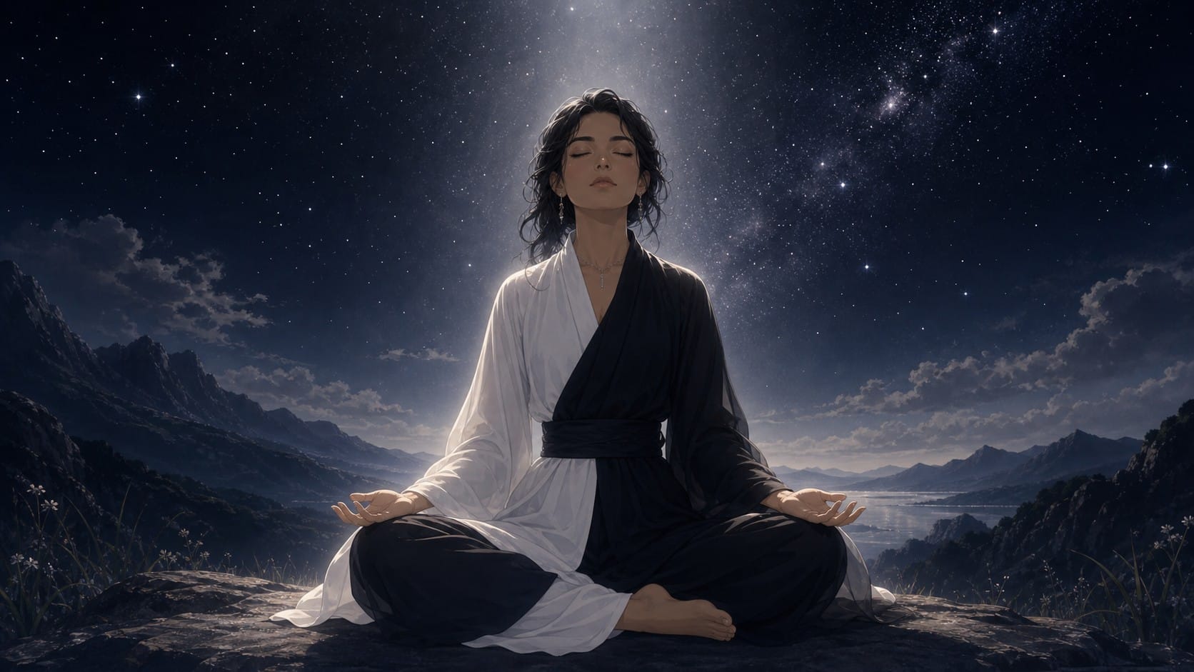 femme latinos assise en méditation sous un ciel étoilé de minuit, méditation guidée de l'heure 00:00