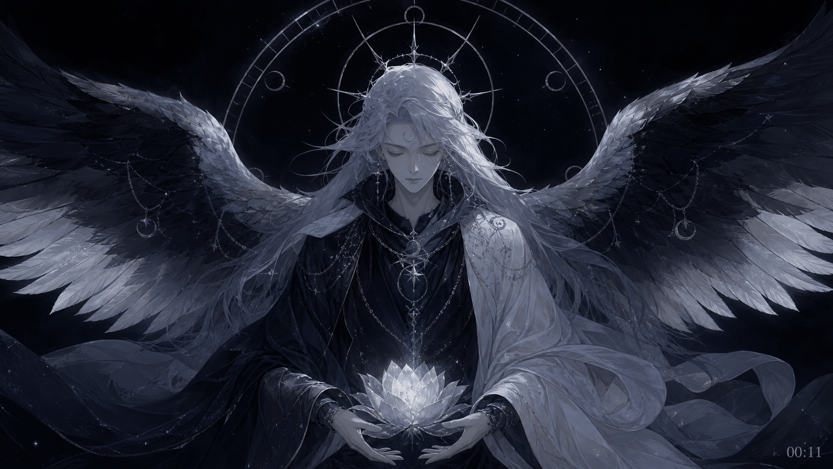 mumiah ange renaissance fin cycle noir argent, signification de l'heure 00:11