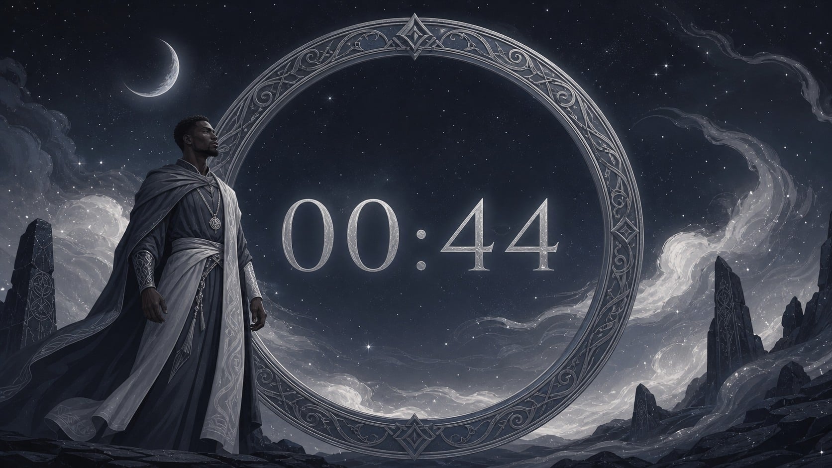 homme africain debout devant un anneau gris ardoise et argent avec 00:44 et un ciel de minuit, signification de l'heure 00:44