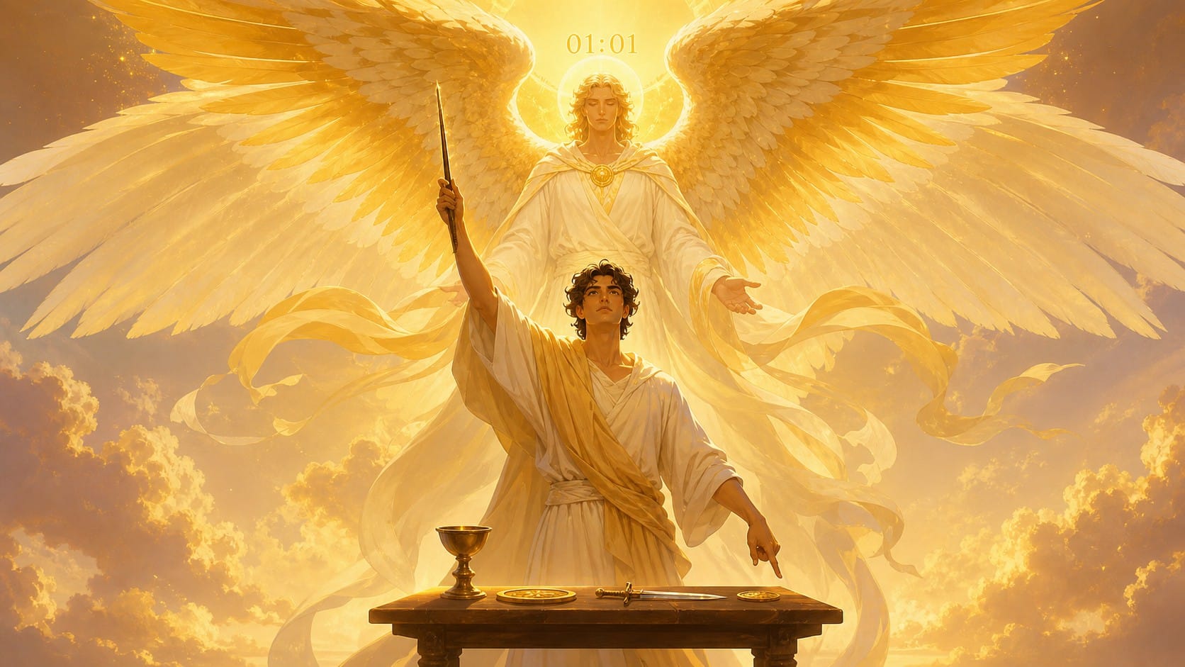bateleur tarot vehuiah intention divine, signification de l'heure 01:01