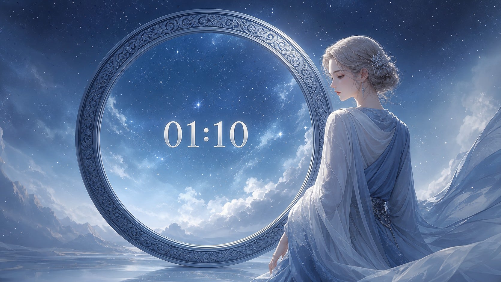 femme européenne debout devant un anneau bleu acier avec 01:10 en argent pâle et un ciel étoilé bleu, signification de l'heure 01:10 en numérologie