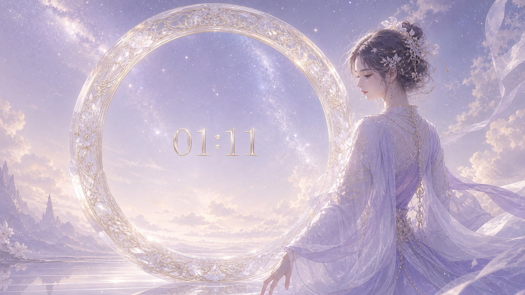 femme asiatique debout devant un anneau en cristal et or nacré avec 01:11 et un ciel de nuit pâle, signification de l'heure 01:11