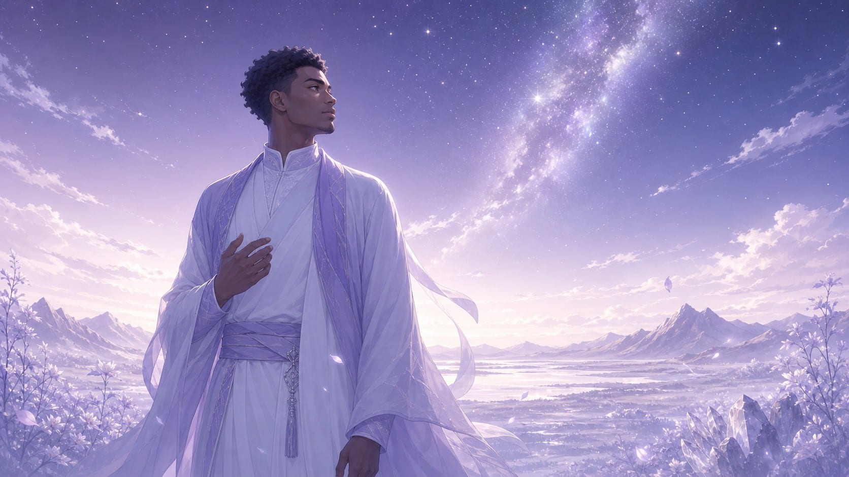homme africain debout dans un paysage de nuit blanc et lilas dans une posture d'intention naissante, vibration de l'heure 01:11