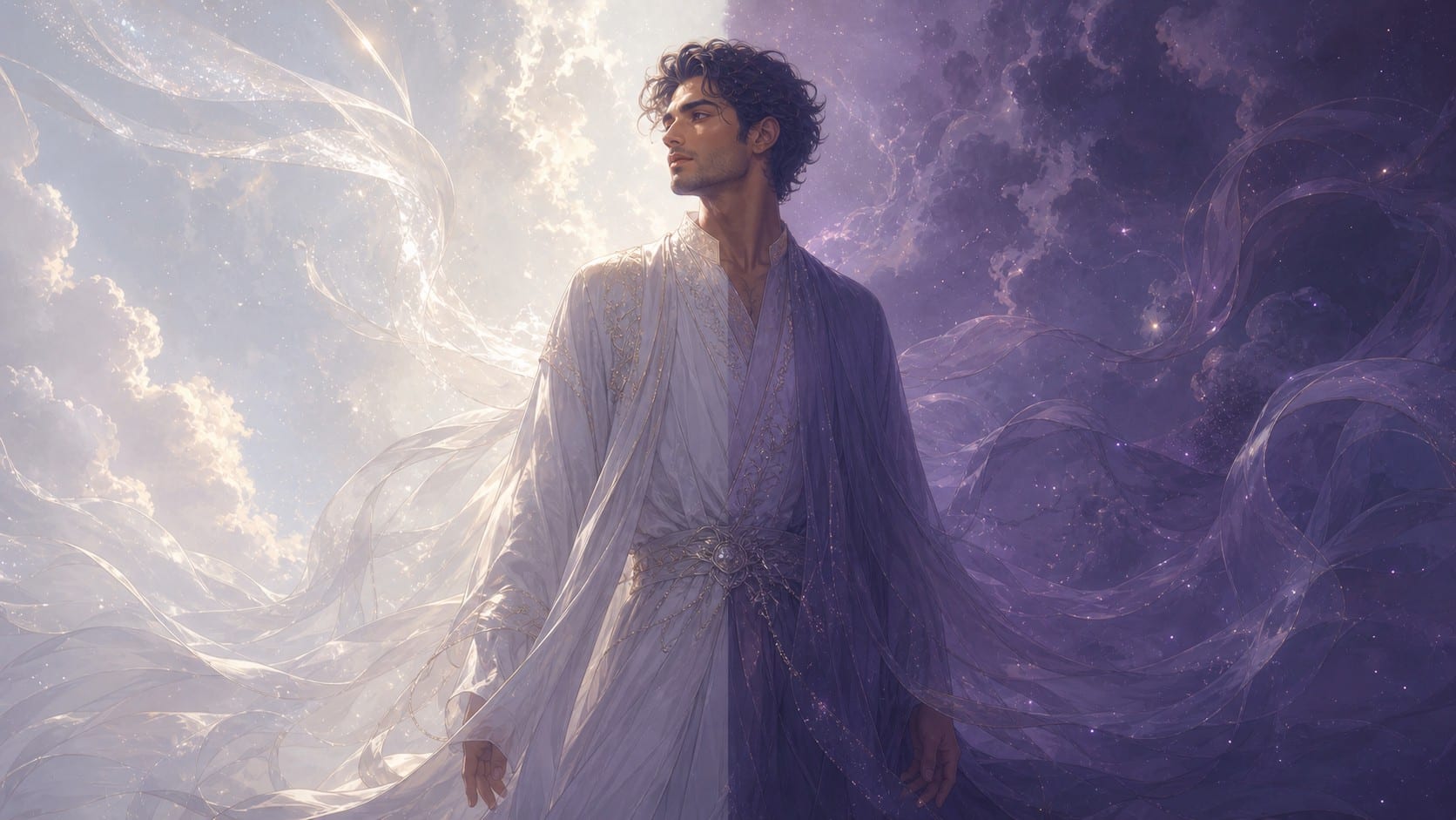 homme moyen-oriental debout entre lumière blanc nacré et ombre lilas douce, enseignement de l'heure 01:11