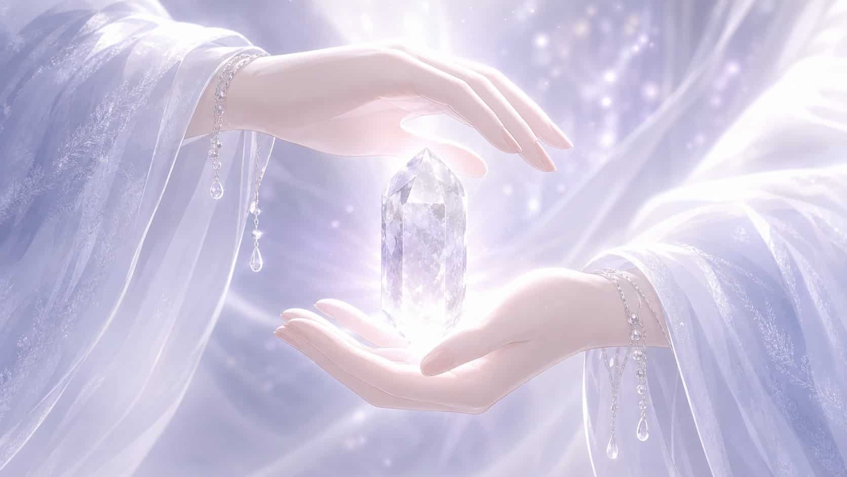 mains nordiques tenant un cristal de roche dans un geste d'intention claire en pleine nuit, message de l'heure 01:11