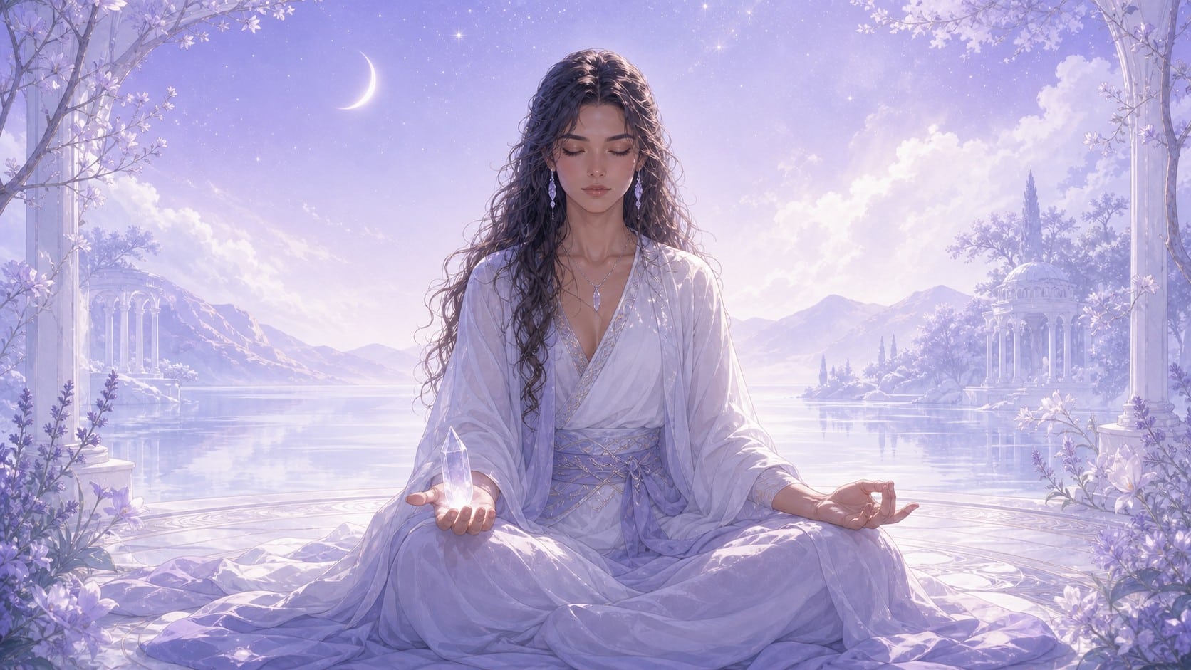 femme latinos assise en méditation de nuit avec un cristal de roche dans la main, méditation de l'heure 01:11