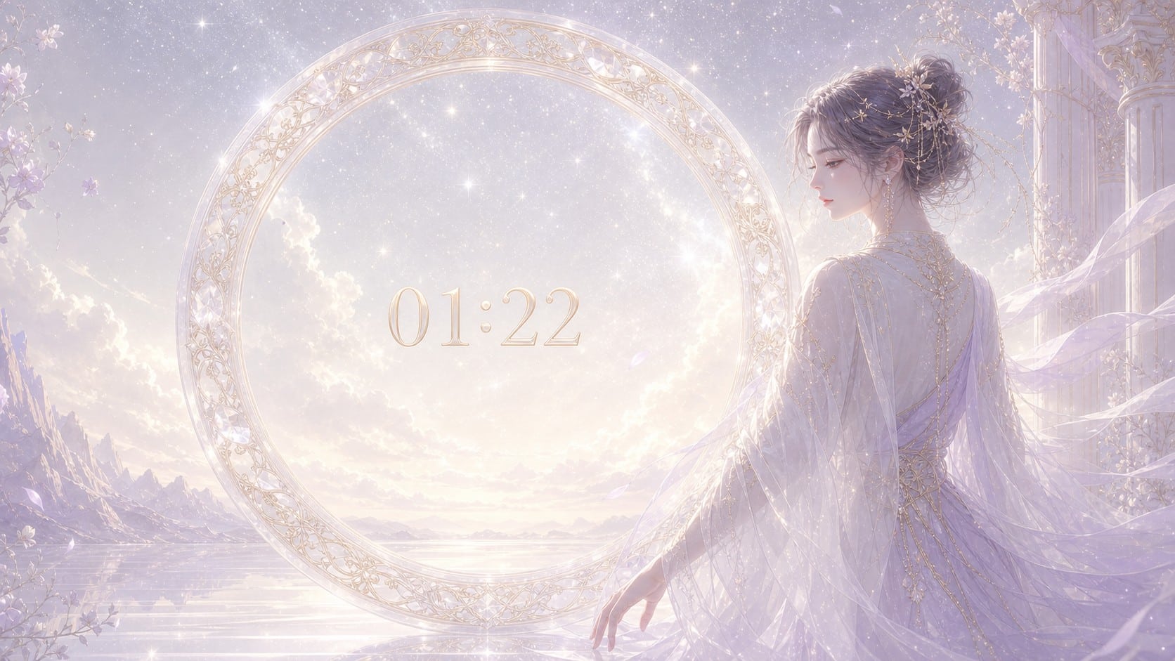 femme asiatique devant un anneau en cristal et or très pâle avec 01:22 et un ciel de nuit blanc pâle, signification de l'heure 01:22